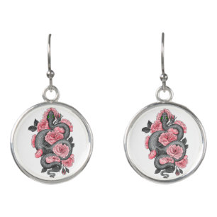 Snake and peach roses earrings
