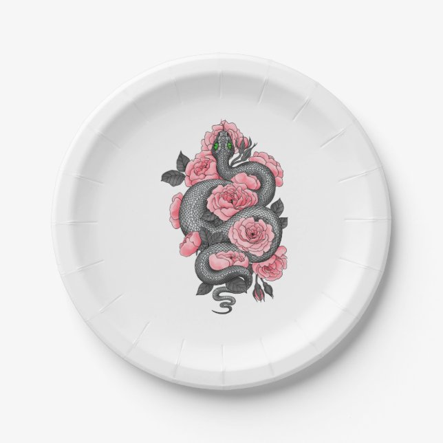 Snake and peach roses paper plates (Front)