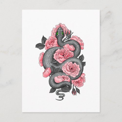 Snake and peach roses postcard