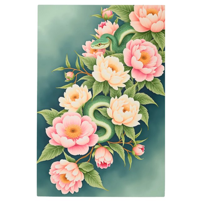 Snake and Peonies Floral Arrangement Metal Print (Front)