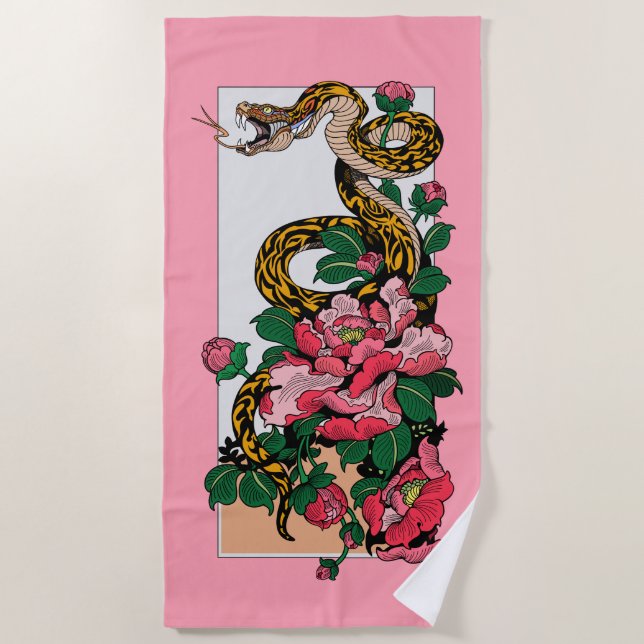 snake and peony flower beach towel (Front)