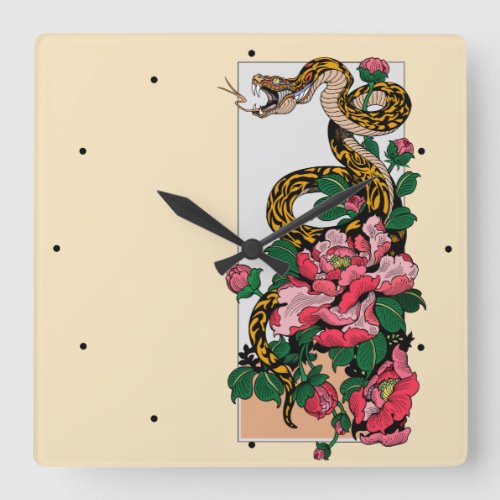 snake and peony flower square wall clock