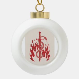 Snake and Sword Risograph Art Print Red Flame Ceramic Ball Christmas Ornament