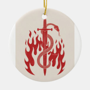 Snake and Sword Risograph Art Print Red Flame Ceramic Ornament