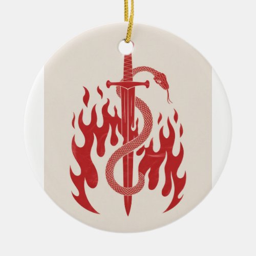 Snake and Sword Risograph Art Print | Red Flame Ceramic Ornament