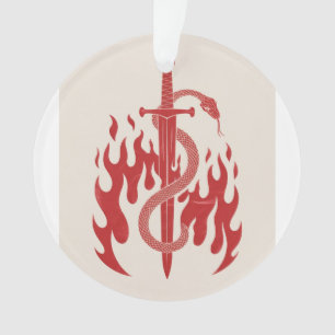 Snake and Sword Risograph Art Print Red Flame Ornament