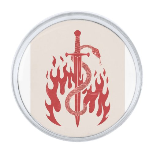 Snake and Sword Risograph Art Print | Red Flame Silver Finish Lapel Pin