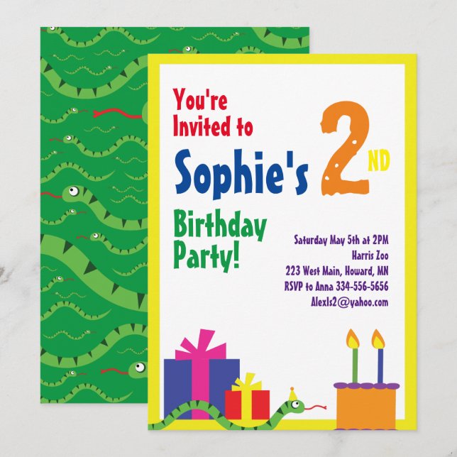 Snake Animal Kid's Birthday Party Invitations (Front/Back)