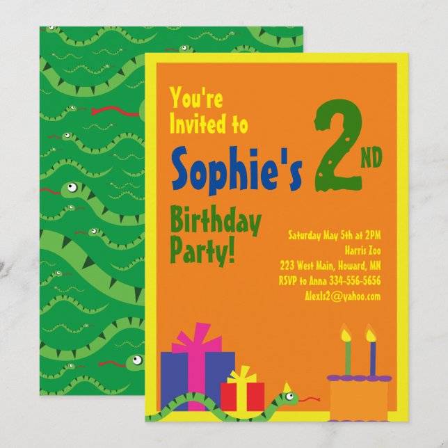 Snake Animal Kid's Birthday Party Invitations (Front/Back)
