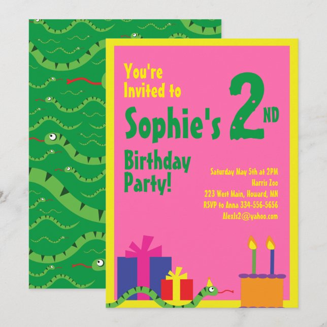 Snake Animal Kid's Birthday Party Invitations (Front/Back)