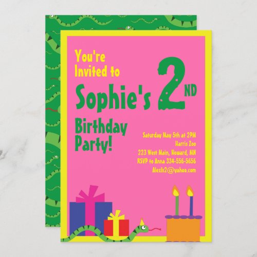 Snake Animal Kids Birthday Party Invitations