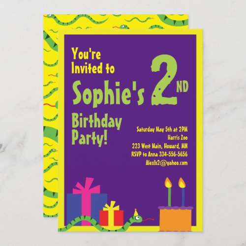 Snake Animal Kids Birthday Party Invitations