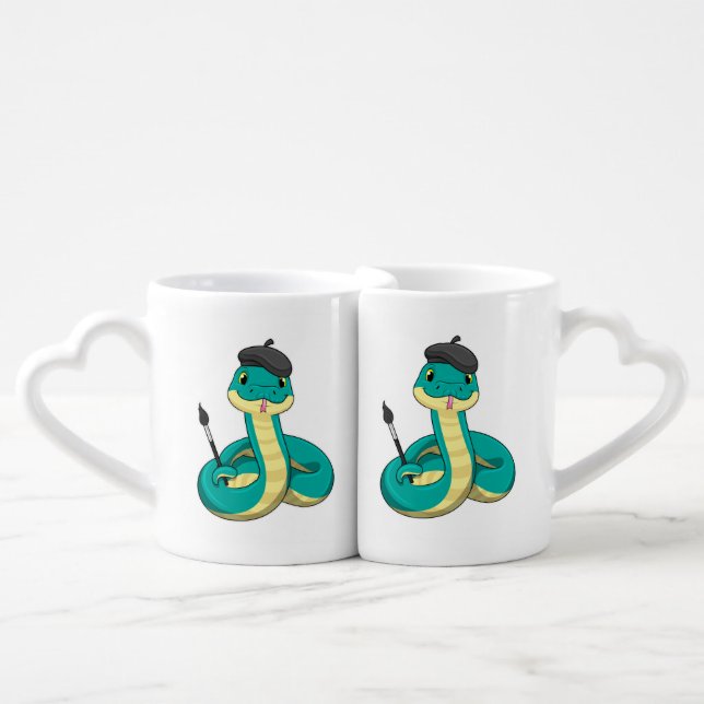 Snake as Painter with Paint brush Coffee Mug Set (Front Nesting)