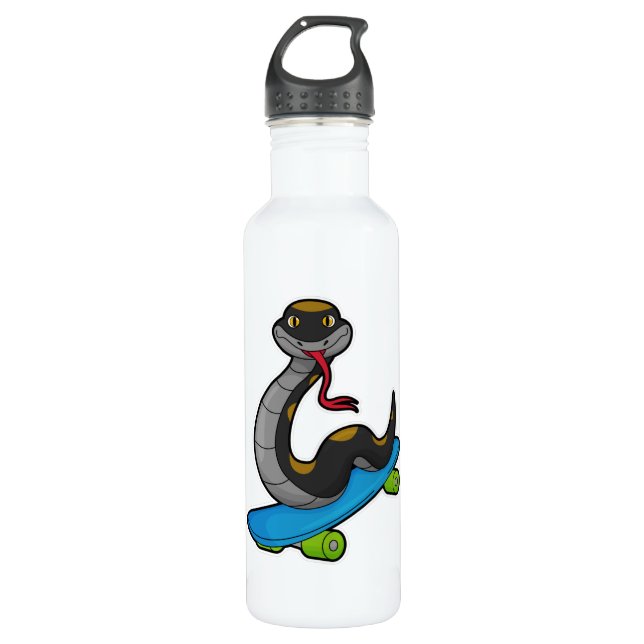 Snake as Skater with Skateboard Stainless Steel Water Bottle (Front)