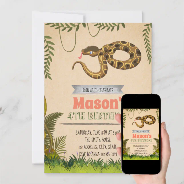 Snake birthday party invitation | Zazzle