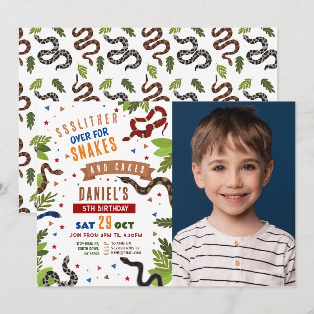 Snake Birthday Party Reptiles Jungle Photo Invitation (Front/Back)