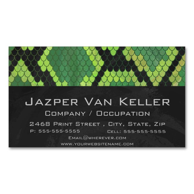 Snake Black and Green Print Business Card Magnet (Front)