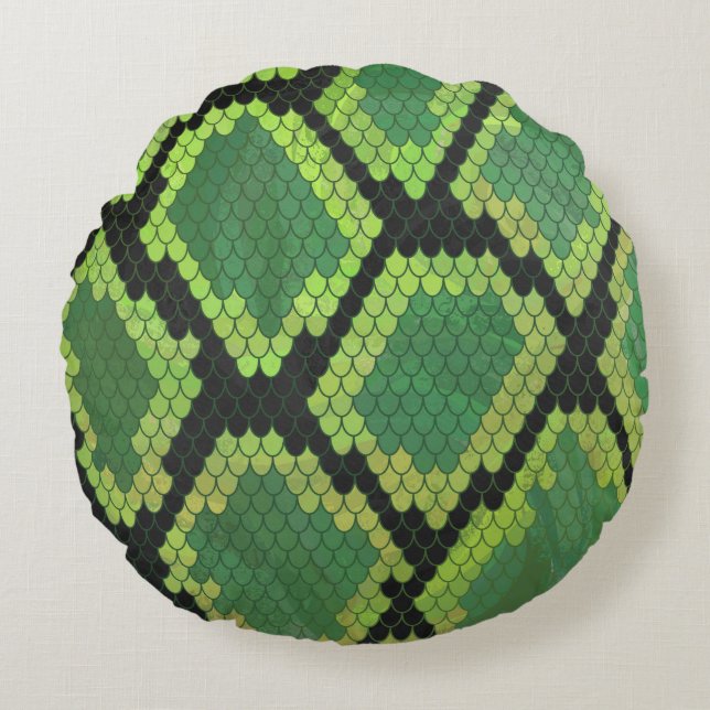 Snake Black and Green Print Round Pillow (Front)