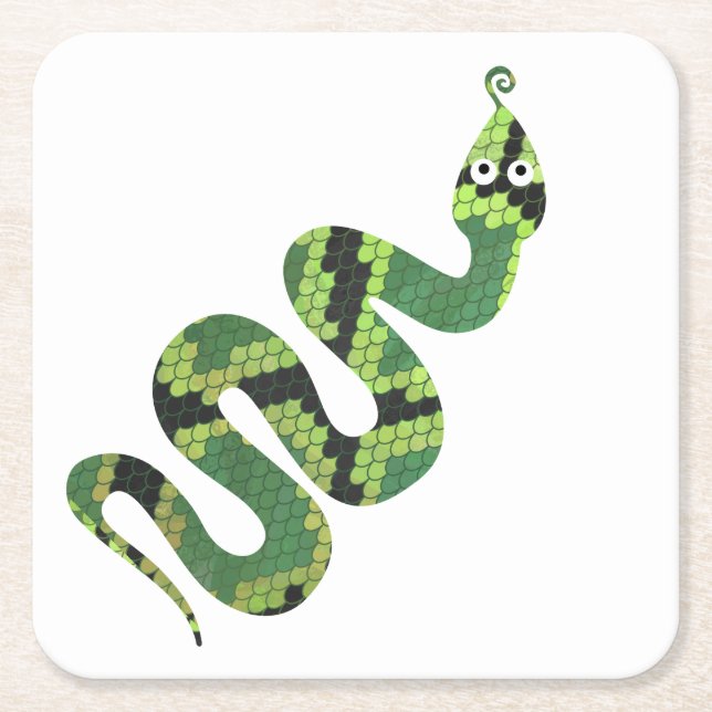 Snake Black and Green Print Silhouette Square Paper Coaster (Front)