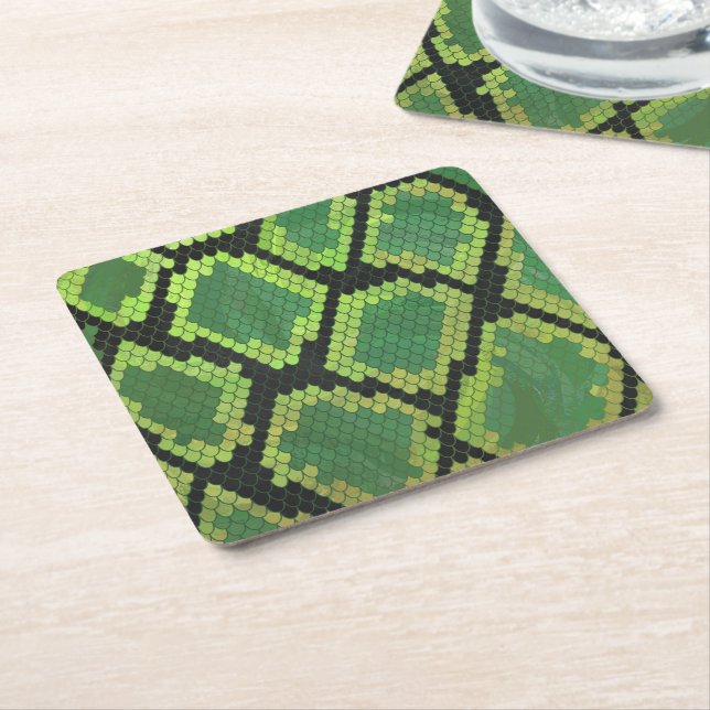 Snake Black and Green Print Square Paper Coaster (Angled)