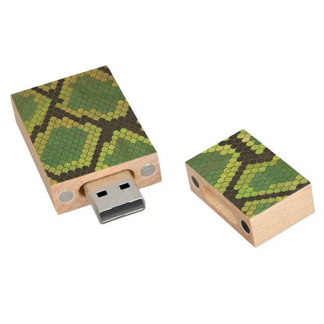 Snake Black and Green Print Wood USB Flash Drive (Angled)