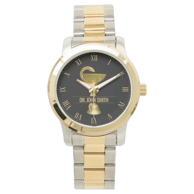 Snake Bowl Medical Hygieia Gold Caduceus Name Watch (Front)
