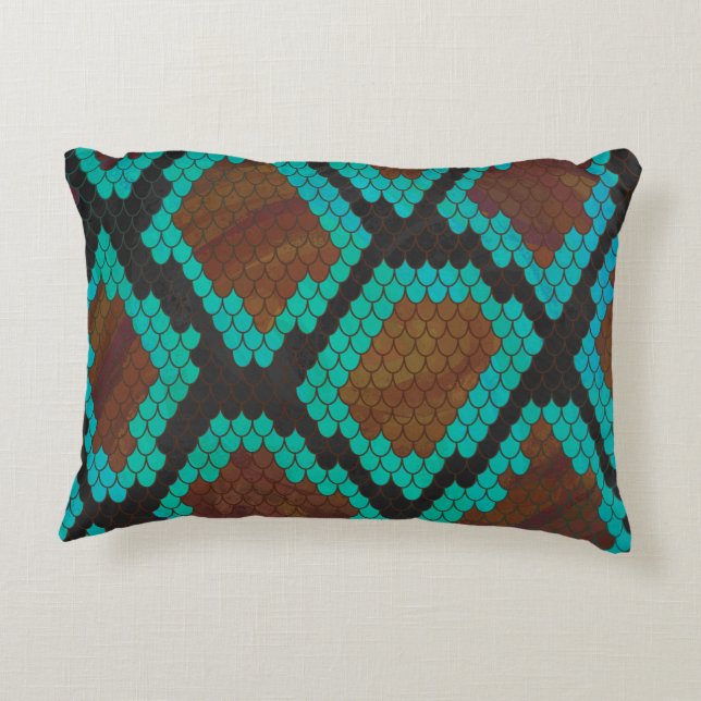Snake Brown and Teal Print Decorative Pillow (Back)