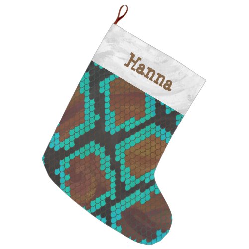 Snake Brown and Teal Print Large Christmas Stocking