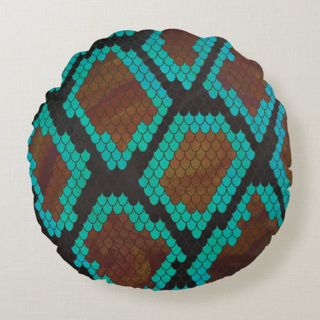 Snake Brown and Teal Print Round Pillow (Front)