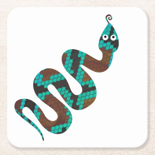 Snake Brown and Teal Print Silhouette Square Paper Coaster