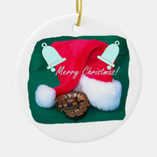 Snake by santa hat merry christmas and bells ceramic ornament