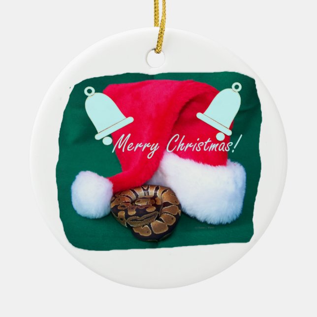 Snake by santa hat merry christmas and bells ceramic ornament (Front)