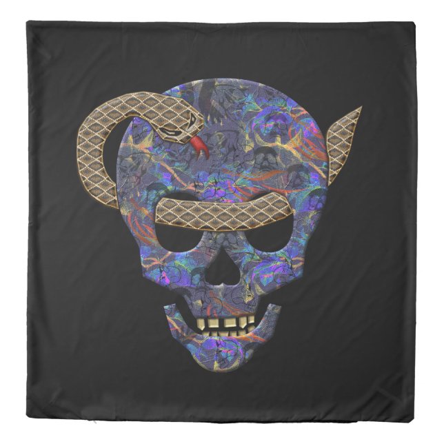 Snake Coiled Around Skull Thru Eyes Queen Duvet Cover (Back)