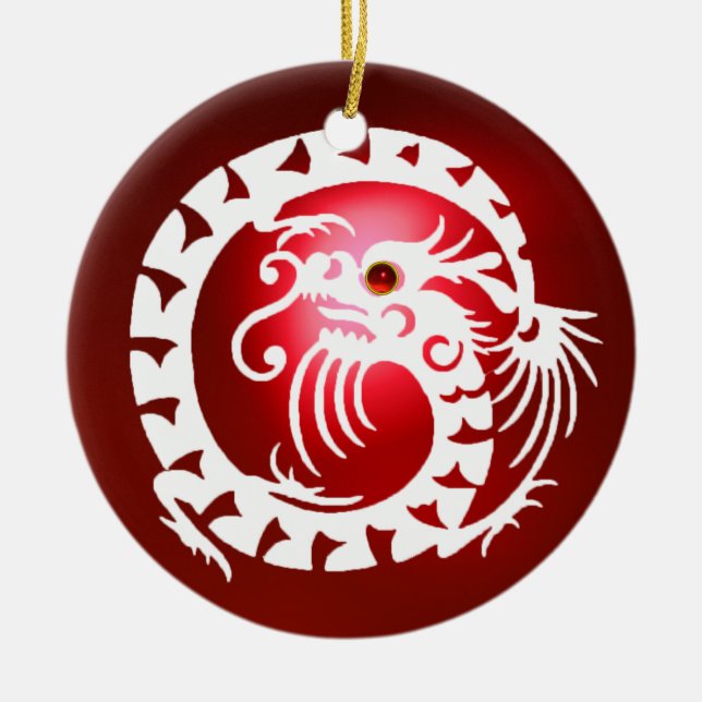 SNAKE DRAGON Black and White Red Ruby Ceramic Ornament (Front)