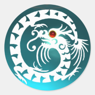 SNAKE  DRAGON  white,aquamarine blue,red ruby Classic Round Sticker