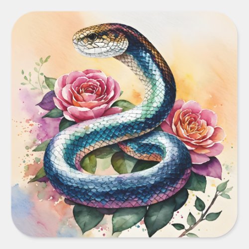 Snake Floral Watercolor Art Square Sticker