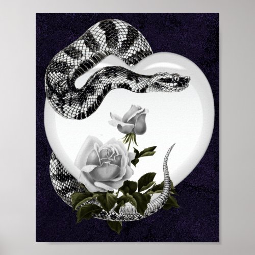 Snake Heart Gothic Valentines White Rose Poster