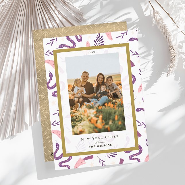 Snake & Mushroom White 2 Photo Chinese New Year Holiday Card (Creator Uploaded)