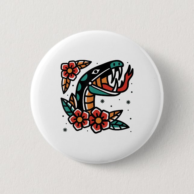 Snake Old School American Traditional Tattoo Flash Button (Front)