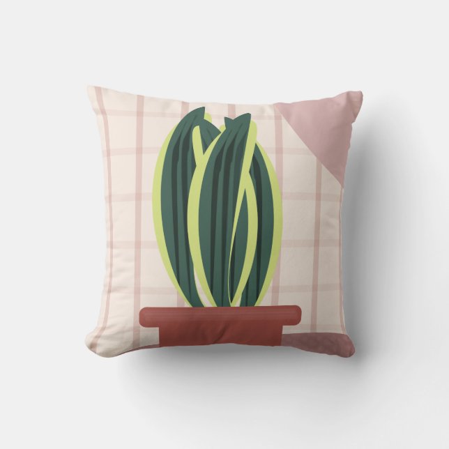 Snake Plants on Plaid Blush Background Pink Throw Pillow (Front)