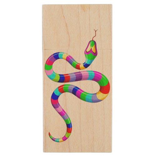 Snake Psychedelic Rainbow Colors Wood Flash Drive