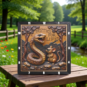 Snake Rat Friendship Wood Square Wall Clock