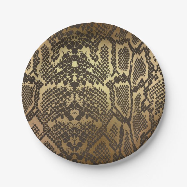 Snake Skin Animal Print Elegant Modern Glam Gold Paper Plates (Front)