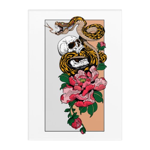 snake skull and peony flower acrylic print