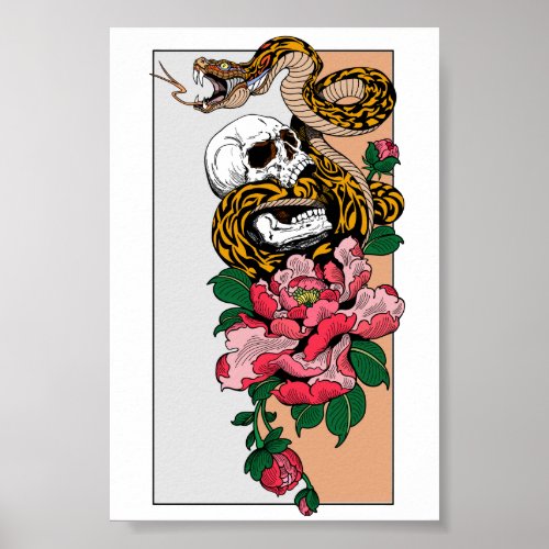 snake skull and peony flower poster