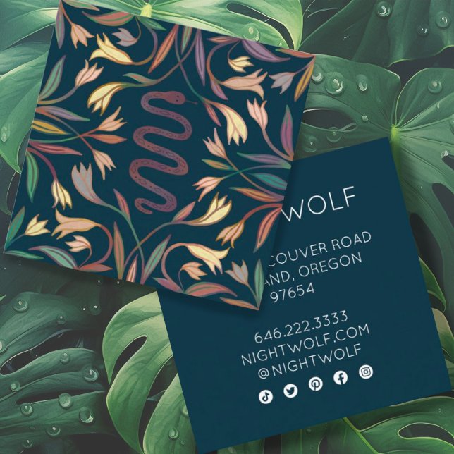 Snake Vines Mystical Magical Boho Colorful  Square Business Card (Snake and vine hand drawn art decorates these custom business cards with social media icons)