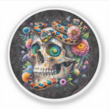 Snake with Skull Floral Round Sticker