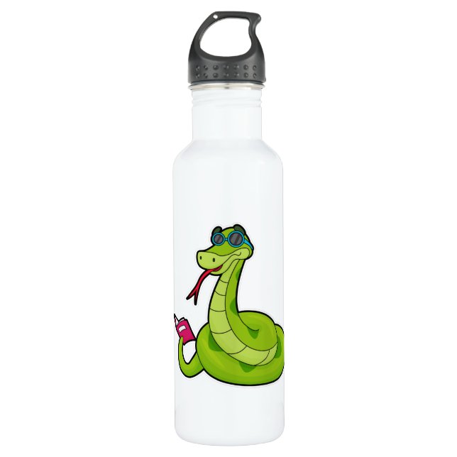Snake with Sunglasses & Book Stainless Steel Water Bottle (Front)