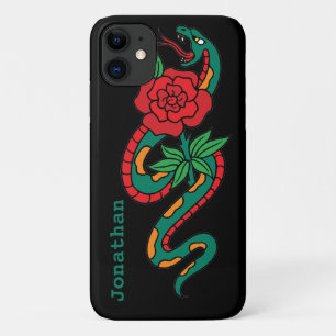 Snake Wrapped Around a Red Rose, Tattoo Art iPhone 11 Case