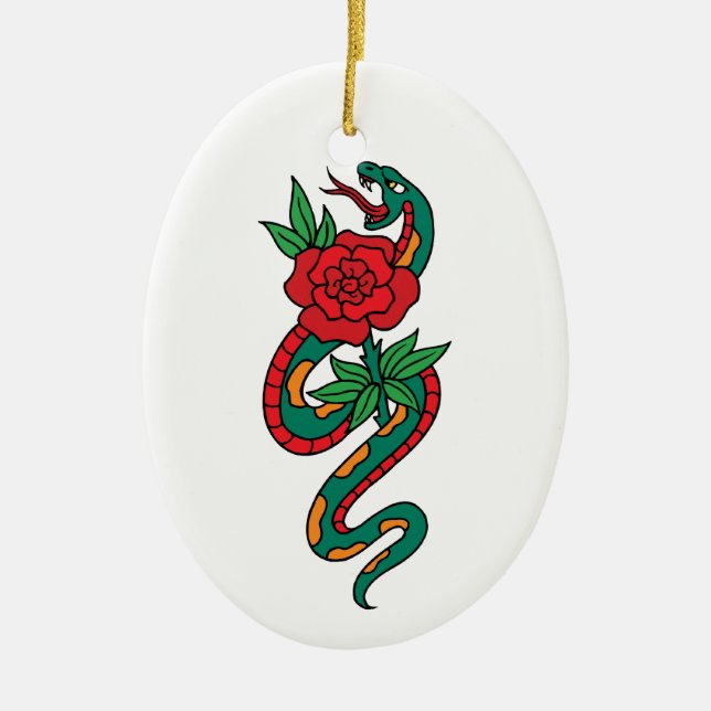Snake Wrapped Around a Red Rose Tattoo Art Ceramic Ornament (Front)